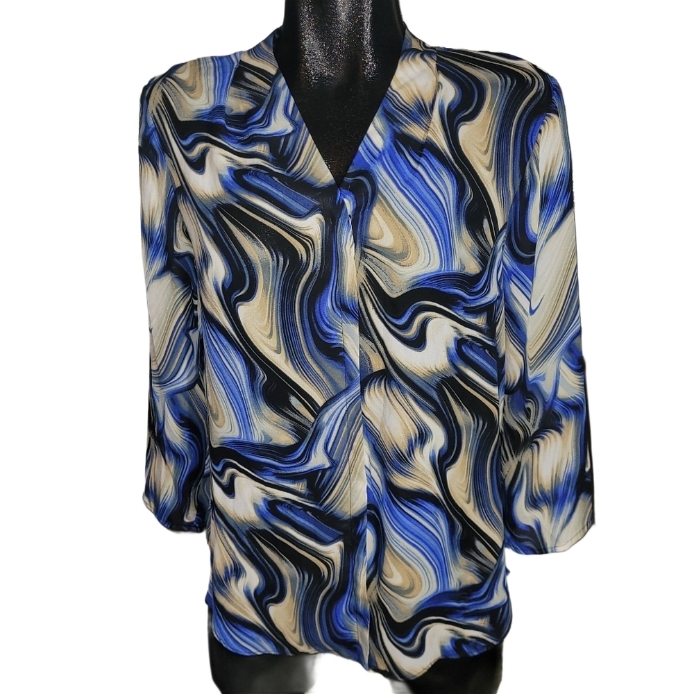 Sami & Jo Blue And Tan Twirly Print Blouse S